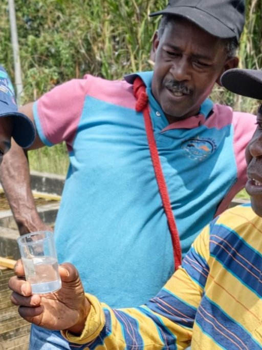 Three staff test the water quality