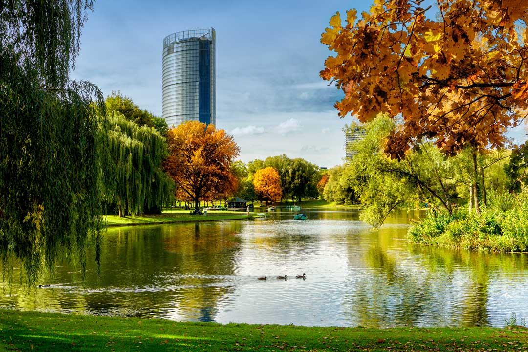 Park scenery with a historic tower in Bonn